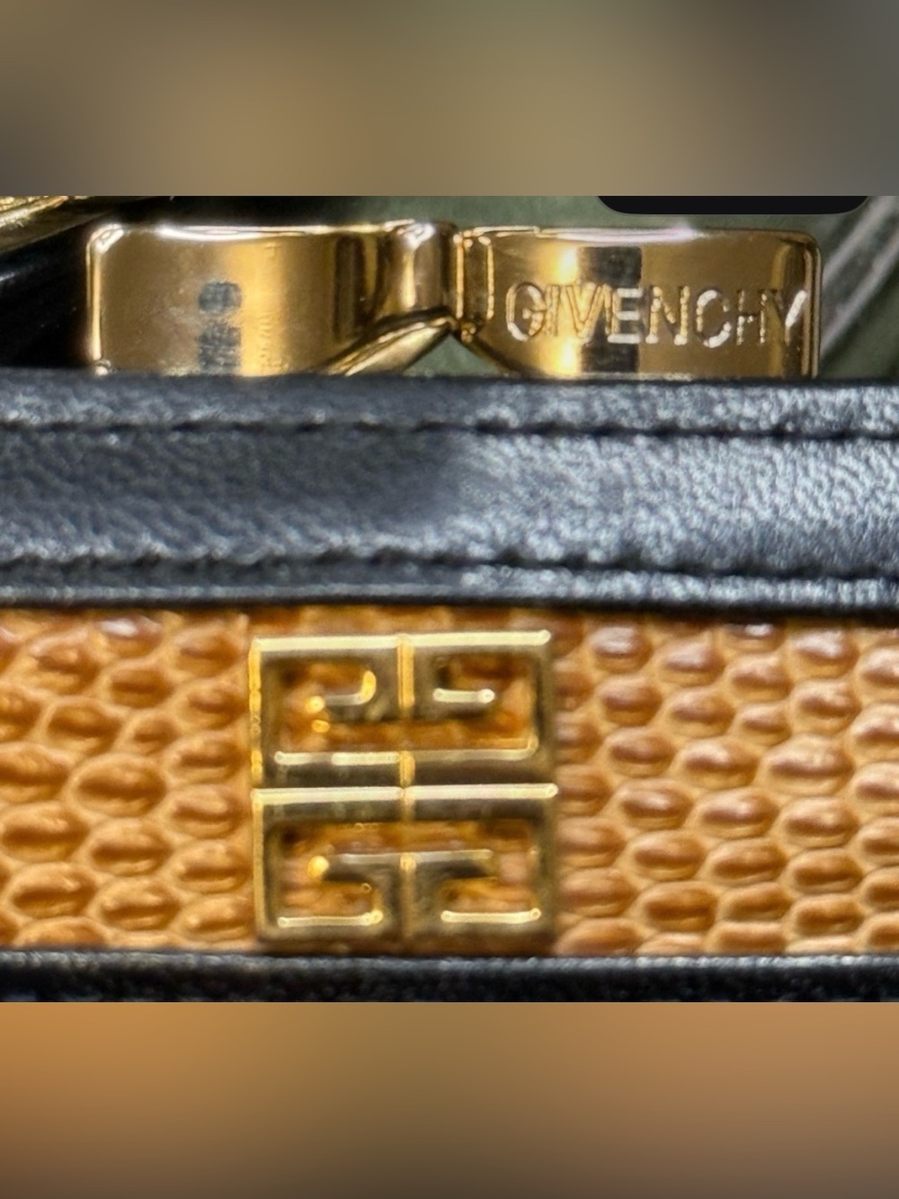 Givenchy Black & Tan Leather Card Holder/ Compact Wallet with kiss lock closure